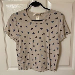 Cottagecore frilled edge crop top with multicolor butterflies